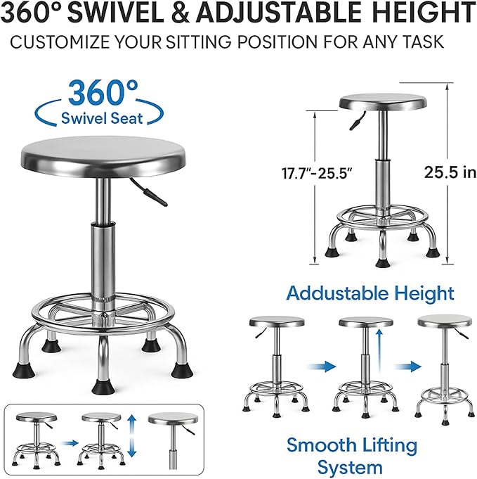 Adjustable Work Stool, Stainless Steel Office Chair, Round Stool Chair, Designed Ergonomics, Non-Slip Foot Pads