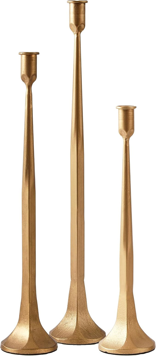 Denique Iron Taper Candle Holder Set of 3, Gold Candlestick Holders 19.3”17” 14” Heightening Decorative Candle Stand Set for Wedding, Dining Table, Home Decoration (Gold)