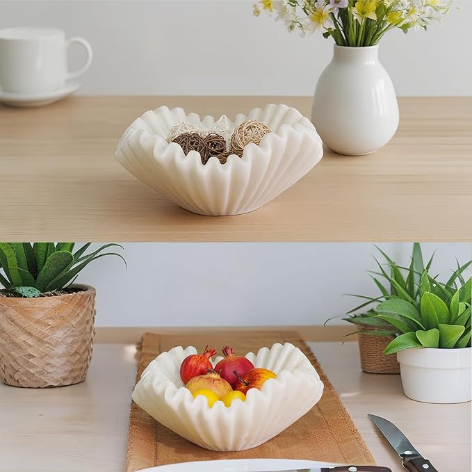 Large Decorative Bowl Kitchen Counter - 11" White Coffee Table Key Bowl Décor Scalloped Ruffle Centerpiece Bowl Elegant Wavy Edge Perfect for Housewarming &Wedding Gift 11*11*4.4 inch LC Lcdecohome