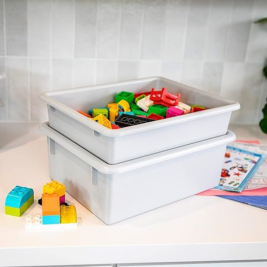 ECR4Kids Letter Size Deep Tray with Lid, Storage Bin, Light Grey, 10-Piece