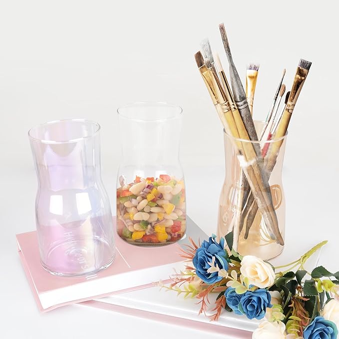 8 Inch Handmade Iridescent Glass Vase - Modern Boho Centerpiece for Flowers, Wedding, Home & Office Decor, Lightweight Clear Glass Table Vase, Unique Housewarming or Birthday Gift (Amber)