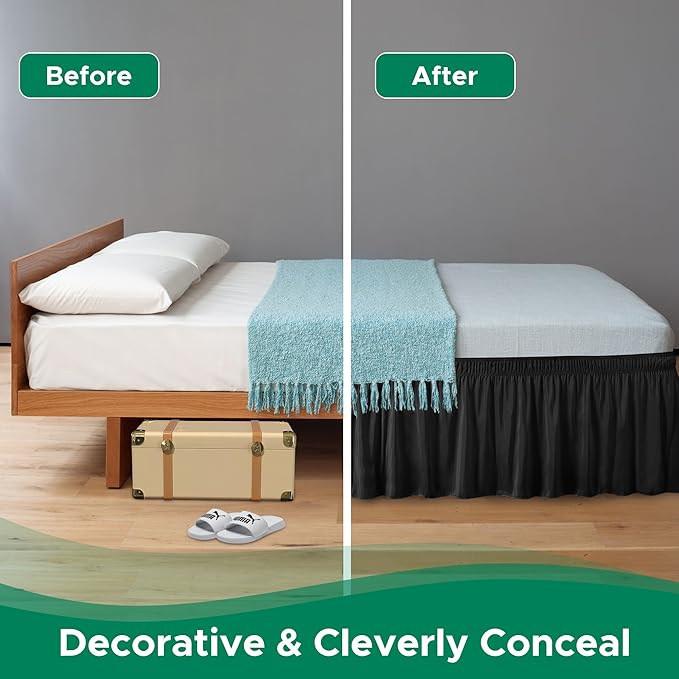 Biscaynebay Wrap Around Bed Skirts for Queen Beds 19" Long Drop, Black Adjustable Elastic Dust Ruffles Easy Fit Wrinkle & Fade Resistant Silky Luxurious Fabric Solid Machine Washable