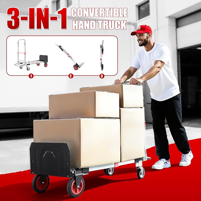 3 in 1 Aluminum Folding Hand Truck Dolly Cart with Wheels 600 Lbs Capacity Collapsible Heavy Duty Convertible Trolley with Retractable Handle for Moving Home Warehouse Office Camping (Red)