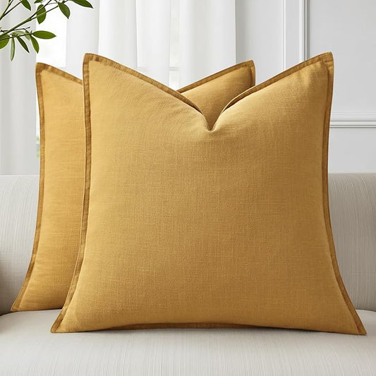 decorUhome Spring Decorative Linen Euro Sham Throw Pillow Covers 24x24 Inch Set of 2 Mustard Yellow Pillow Covers with Flange Edges Soft Farmhouse Boho Accent Pillow Cases for Couch Bed Living Room