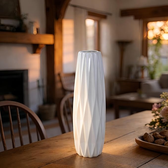 12 Inch White Vase Ceramic Flower Vase, Tall Vases for Pampas Grass, Home Decor, Modern Textured Vases for Living Room Decorations,Table Centerpieces,Shelf,Farmhouse Small Ceramic Vase