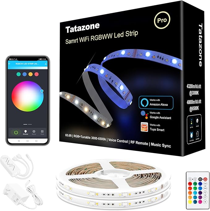 RGBWW Smart LED Strip Lights, 65.6ft Tunable White 3000K to 6500K+RGB WiFi Led Lights Work with Alexa Google, Music Sync Color Changing Indoor for Kitchen, Room, Cabinet, 2 Roll of 32.8ft