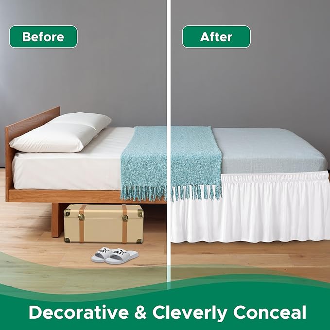 Biscaynebay Wrap Around Bed Skirts for Full & Full XL Beds with Short Drop of 12", White Adjustable Elastic Dust Ruffles Easy Fit Wrinkle Resistant Silky Luxurious Fabric Machine Washable