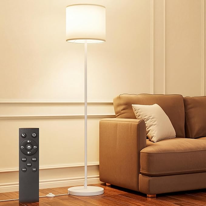 Keepsmile Dimmable Floor Lamps for LivingRoom with 12W LED Bulb, Foot Switch, Remote Custom Color Temperature Floor Light, Linen Shade Standing Lamps, Modern Tall Lamp for Office Bedroom-White