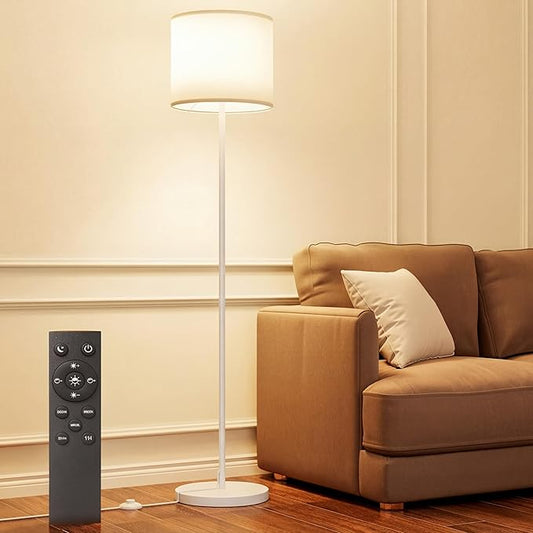 Keepsmile Dimmable Floor Lamps for LivingRoom with 12W LED Bulb, Foot Switch, Remote Custom Color Temperature Floor Light, Linen Shade Standing Lamps, Modern Tall Lamp for Office Bedroom-White