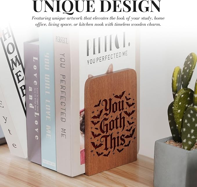Goth Gifts for Women Men, Gothic Bookends, Heavy Duty Wooden Book Ends for Shelves Decorative(1 Pair, 4.72x6.69 Inches) - Bat