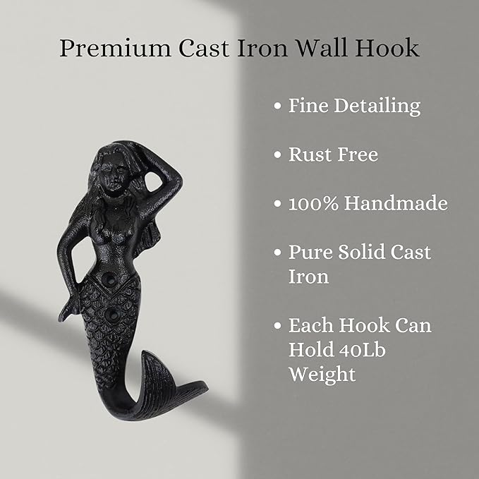 Set of 2 Cast Iron Mermaid Coat Hooks Wall Art Decor-Mermaid Hangers and Key Holder-Clothes Rack and Backpack Hanger-Coat Hooks Home Decor for Storage, Living Room, Hallway, Office (Black)