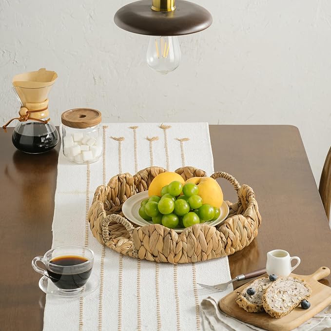 Round Wicker Scalloped Serving Tray with Handles - Seagrass Handwoven Trays,Water Hyacinth Tray for Home Decor and Living Room, Dining Table, Bathroom Organizing, 13" L x 13" W x 3.5" H