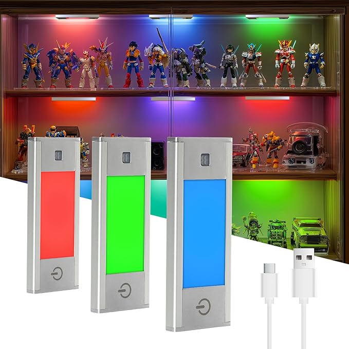 V4light RGB Motion Sensor Night Light, 6-Color Rechargeable Stair Lights, Magnetic Stick-On LED Bookshelf Light with Auto-Off, Touch Control, for Hallway, Stairs, Display Cabinet (3-Pack)