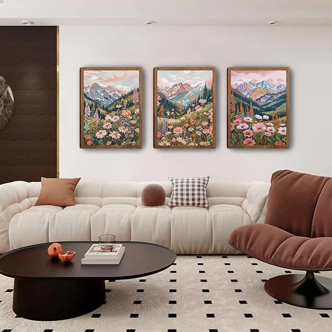 Boho Colorful Mountain Landscape Wall Art Set of 3, Flower Daisy Nature Canvas Prints Wall Decor, Vintage Floral Forest Botanical Painting Posters for Living Room Bedroom Home Decor 24x16in Framed