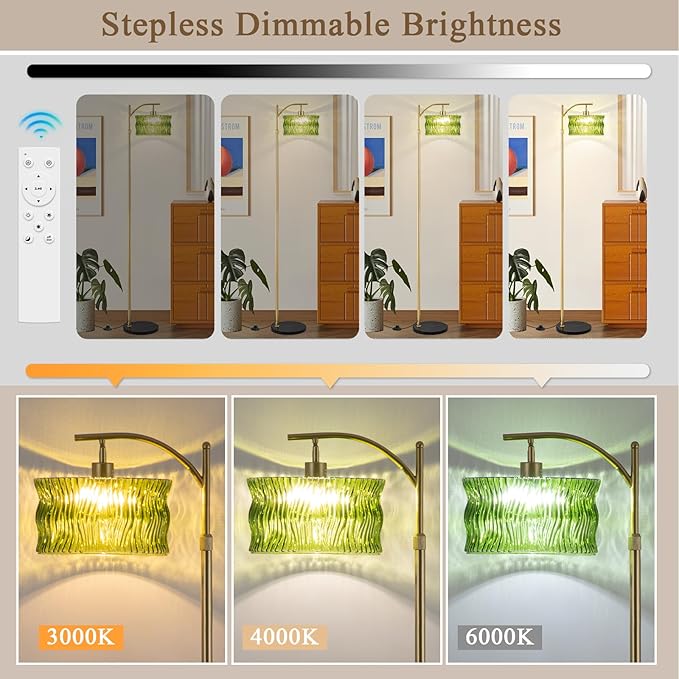 JERANDO Glass Floor Lamp for Living Room, Modern Gold Standing Lamp with Remote Control & 3 Color Temperature, Green Floor Lamps with Glass Lampshade Dimmable Tall Floor Lamp for Bedroom Corner