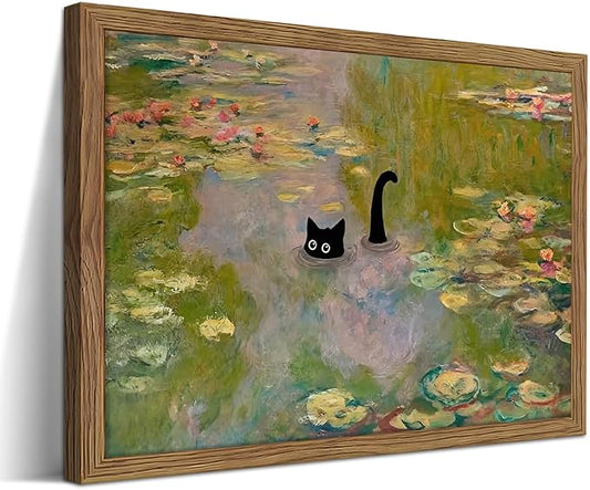 Framed Cat Wall Art, Pink Whimsical Claude Monet Wall Decor, Funny Black Cat Bathroom Pictures Paintings, Vintage Cute Animal Water Lilies Aesthetic Posters Prints for Bathroom Bedroom 16x24 Inch