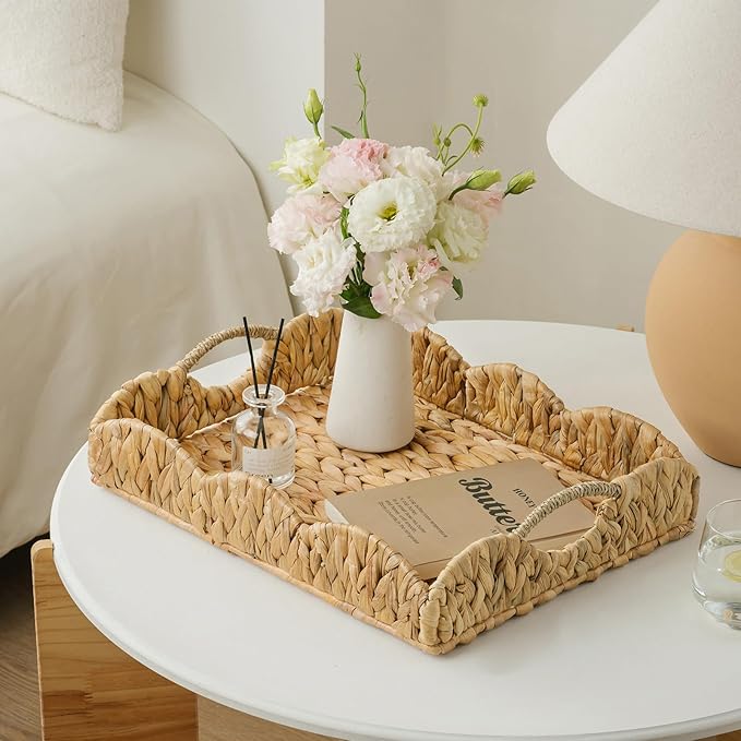 Water Hyacinth Serving Tray, Handwoven Woven Tray with Handles and Scalloped Edge, Rectangle Wicker Basket for Home Decor and Organizing, 17.3" L x 13.4" W x 3.6" H