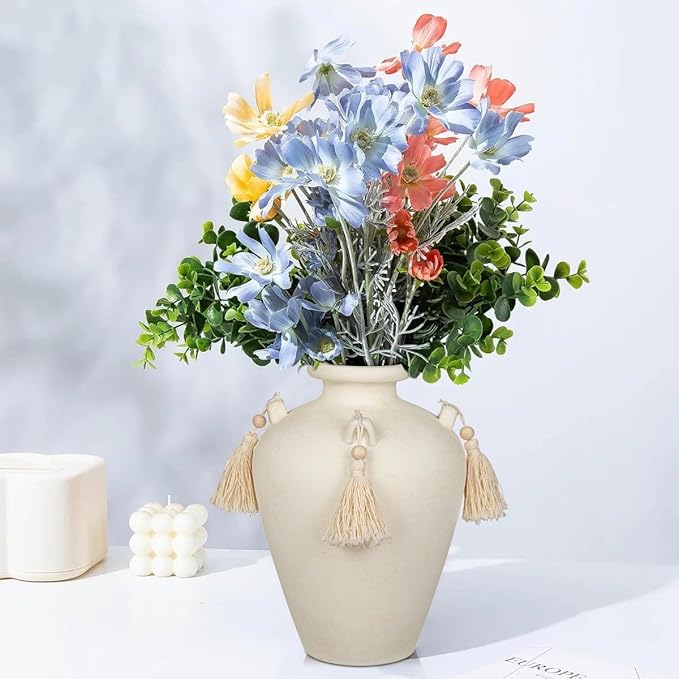 Large Decorative Ceramic Vase with Tassels, 9.4" White Boho Flower Vase with Handles, Textured Rustic Farmhouse Vases for Home Decor, Table Centerpiece, Living Room, Entryway, Wedding, Party Decor