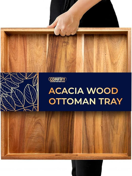 Extra Large (22") Comfify Square Premium Acacia Wood Ottoman Tray with Handles - Use for Serving Food in Style for Dinner, Breakfast, Snacks, BBQ, Entertaining Guests & More - Brown
