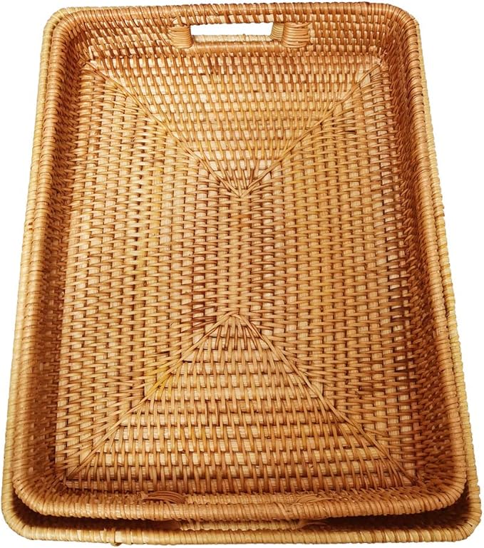 i-lan 2 Pack Oversize Deep Natural Wicker Serving Tray with Handles and 2.3” Wall, 16 Inch Rectangular Rattan Office Tray, Decorative Woven Rattan Fruit Baskets Tray Plate for Table Countertop,L+XL