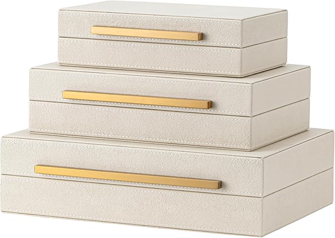 Faux Leather Large Modern Stackable Nesting Jewelry Box with Lids Organizer – Set of 3 Beige Shagreen Decorative Storage Boxes with Gold Metal Handles