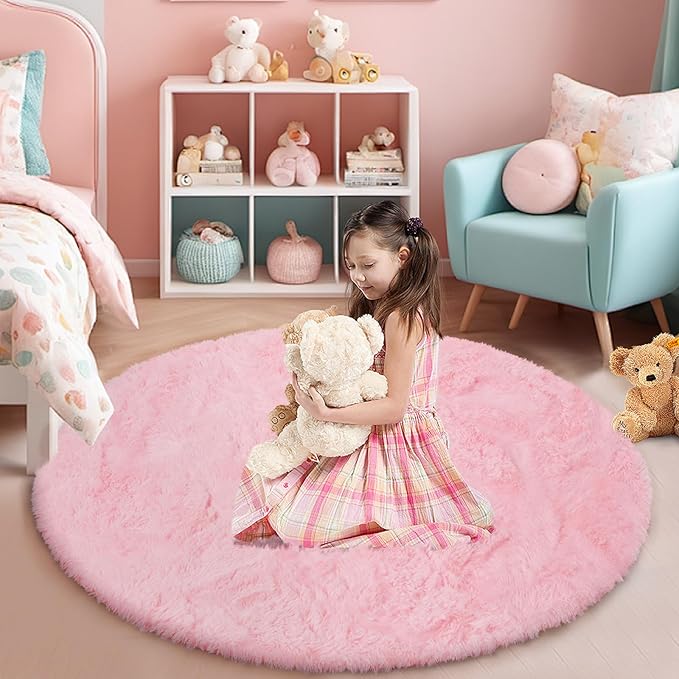 yulidayang Pink Fluffy Round Area Rugs for Bedroom,4'X4'Shag Circle Area Rugs for Girls Room,Non Slip Fuzzy Plush Rug for Kids Room Living Room and Dorm Home Decor Rug