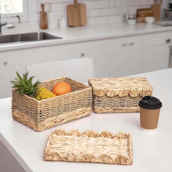 Wicker Storage Baskets with Lids Natural Handmade Scalloped Rattan Box Decorative Bohemian Removable Tray Lid Handles Water Hyacinth Seagrass Paper Rope Woven Bins Container (Small)