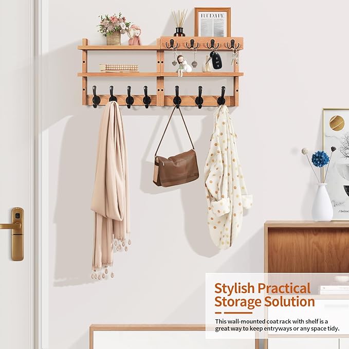 Coat Rack Wall Mount with Shelf, Pine Two-Tier Wall Shelf Mounted Coat and Key Hanger with 7 Heavy Duty Hooks 4 Key Hooks, Entryway Key Holder with Mail Holder for Bedroom,Living Room (Wood)