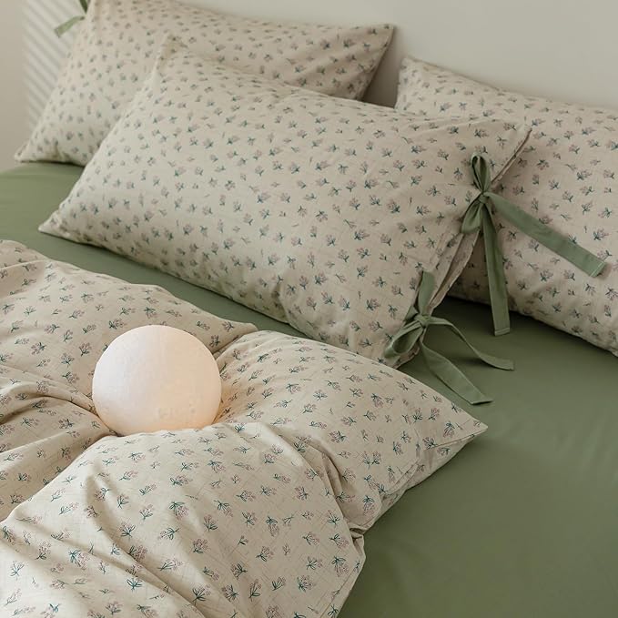 Vintage Style Cotton Duvet Cover Twin 3 Pieces Green Floral Print Duvet Cover Chic Botanical Flower Bedding Sets Cottagecore Floral Comforter Cover Boho Floral Bedding Cover with 2 Bowknot Pillowcases