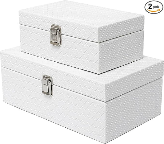 Faux Leather Decorative Jewelry Storage Organizer Boxes Set of 2, White