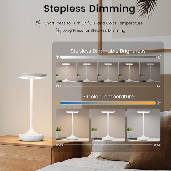 LED Cordless Table Lamp Rechargeable-Portable Battery Operated Lamps, 3 Color Touch Dimming Waterproof Light for Patio/Restaurant/Dining/Outdoor(White)