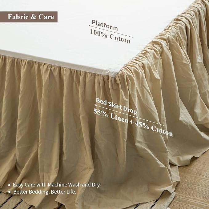BISELINA French Linen Bed Skirt with Pleated Frills 22-Inch Tailored Drop Natural Flax Cotton Blend Dust Ruffle Soft Cozy Farmhouse Bedding (22" Queen, Linen)