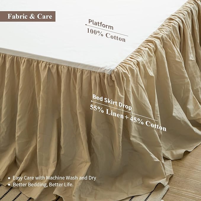 BISELINA French Linen Bed Skirt with Pleated Frills 18-Inch Tailored Drop Natural Flax Cotton Blend Dust Ruffle Soft Cozy Farmhouse Bedding (18" Twin, Ruffle Linen)