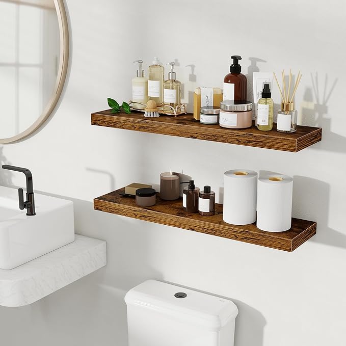 Fun Memories Floating Shelves for Wall, Rustic Wood Wall Mounted Shelves for Bathroom, Bedroom, Living Room and Kitchen, Storage & Home Decor (Set of 2, Brown, 30 in)