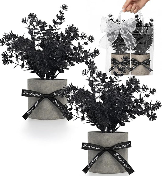 DomeStar 2PCS Faux Eucalyptus Stems, Artificial Eucalyptus Plants Greenery Stems in Pots with Gift Bags and Ribbons for Shelf Desk Home Bathroom Modern Farmhouse Living Room Coffee Table Decor (Black)