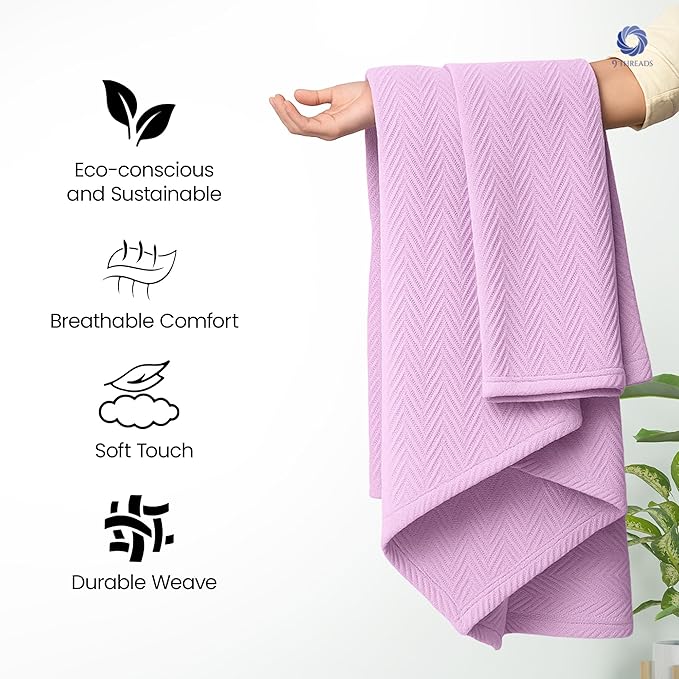 9Threads 100% Extra-Long Staple Cotton Herringbone Multipurpose Blanket | Soft & Breathable, Lightweight All-Season Throw for Sofa/Couch/Bed | Machine Washable | (Herringbone - Lavender, King)