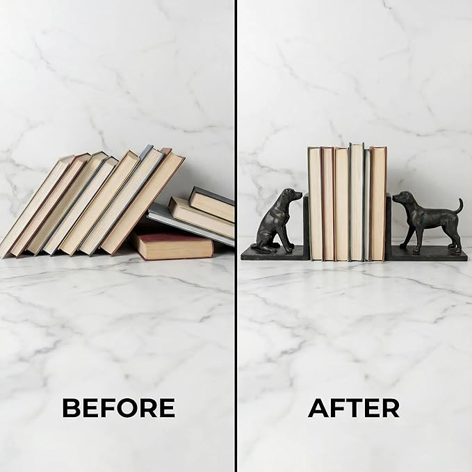 Comfy Hour Dog Bookends, Black Resin Decorative Book Ends, Heavy Duty Book Holder for Shelves & Office, 9.1 Inch, Home Decor, 1 Pair