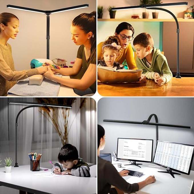 LED Desk Lamp for Office Dorm Home - Eye Caring Desk Light with Timer, Remote Control 24W Brightest Dual Screen Computer Monitor Gooseneck Dimmable Table lamp with Anti-Glare Cover Clamp
