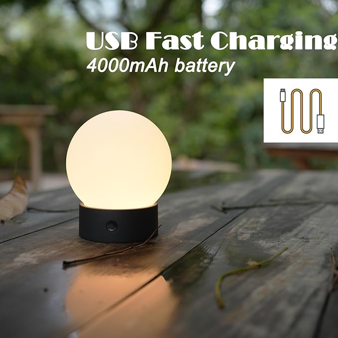 Small Cute Cordless Table Lamp Rechargeable, Battery Operated Shower Lamp Waterproof, Touch Dimmable Globe Ambient Light for Outdoor/Bedside/Patio/Dining (Black)
