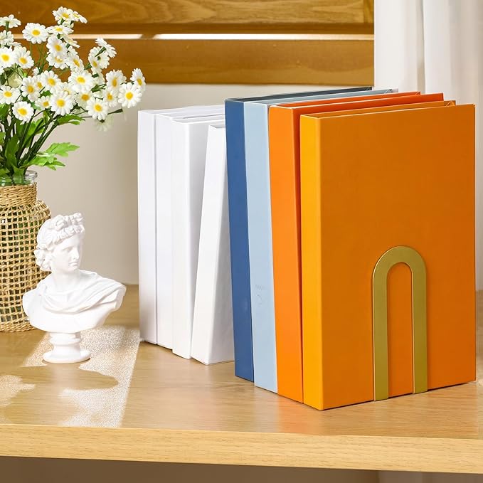 Chunful 6 Pcs Modern Metal Book Ends for Shelves Decorative Small Bookends Book Shelf Organizer Minimalist Design Stopper to Hold Books for Home Office (5.5 * 3.75 * 2.25inch,Gold)