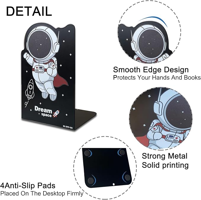 2 Pack Metal Bookends,5.3"x3.9"x8"Non-Slip Black Cartoon Astronauts Book Stopper,Heavy Duty Premium Space-Themed Decorative Book End, Supports for Kids Children Shelves,Room,School,Learning Gifts