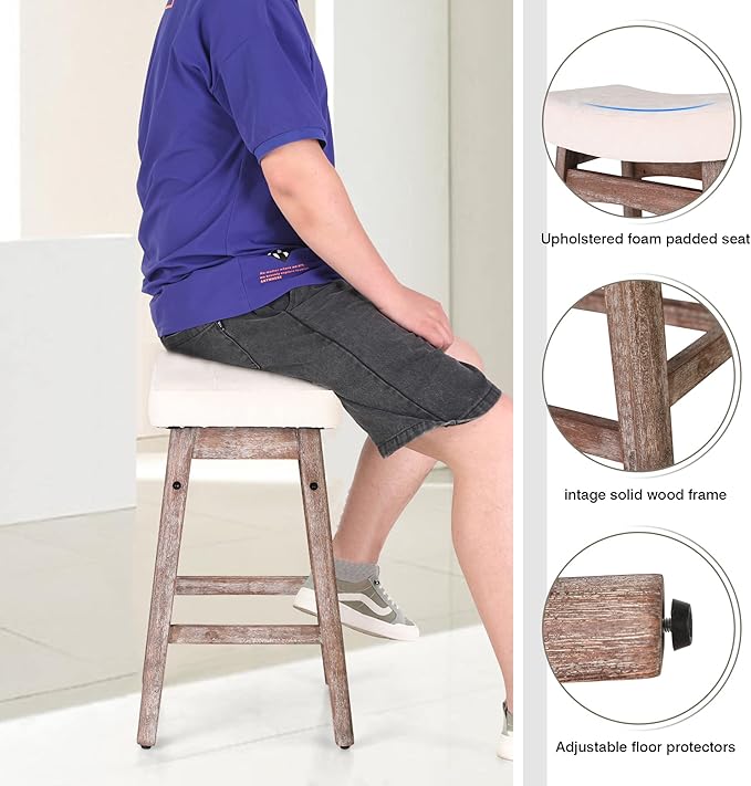 Sophia & William Counter Height Bar Stools, 24" Counter Stools with Solid Wood Legs, Comfy Linen Fabric Upholstered Counter Height Stools,Creamy White,1PC