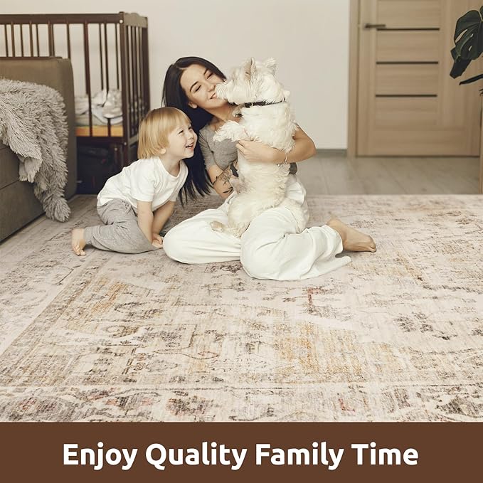 AMOAMI-2X10 Runner Rug-Washable Runners for Hallways-Soft Non Slip Bedside Rugs for Bedroom-Vintage Long Rug for Hallways Entryway Laundry Room Stair Kitchen Bathroom Beige