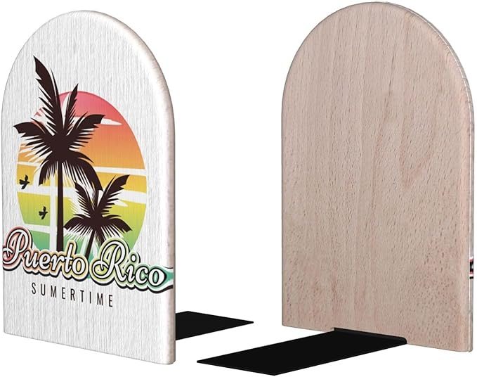 Puerto Rico Summer Wood Bookends Stands Decorative Non-Slip Book Organizers for Home Office Desk Library School Study 1 Pair