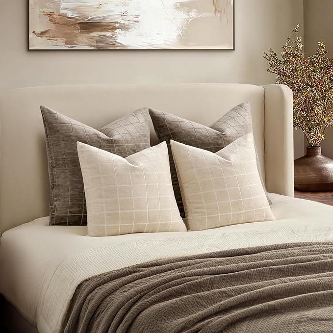 MIULEE Decorative Chenille Check Throw Pillow Covers Vintage Plaid Couch Pillows 16x16 Inch Set of 2 Neutral Boho Farmhouse Cushion Covers Modern Spring Home Decor for Sofa Bed Living Room Beige