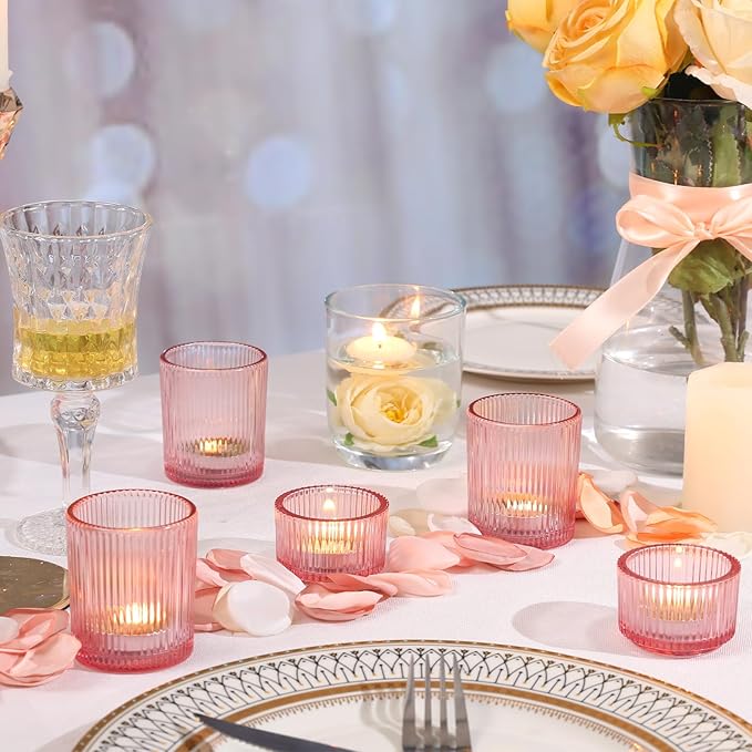 20pcs Assorted Ribbed Pink Votive Candle Holders, Baby Shower Decorations for Girl, Tea Light Candle Holder for Wedding Table Decor, Mother' s Day, Bridal Shower and Party Decorations