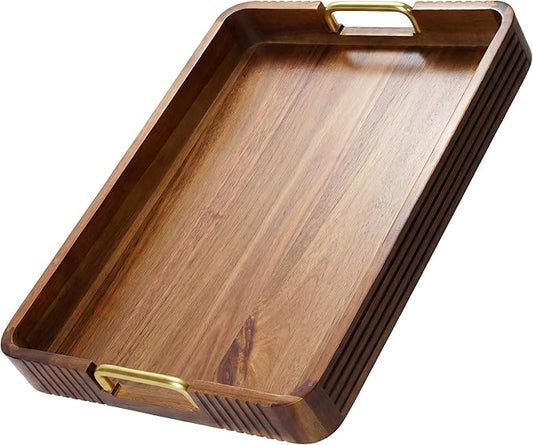 Acacia Wood Serving Tray with Metal Handles  – 17x13in Rustic Decorative Ottoman & Coffee Table Tray for Breakfast in Bed, Dinner, Bar, Kitchen, Home Décor & Entertaining