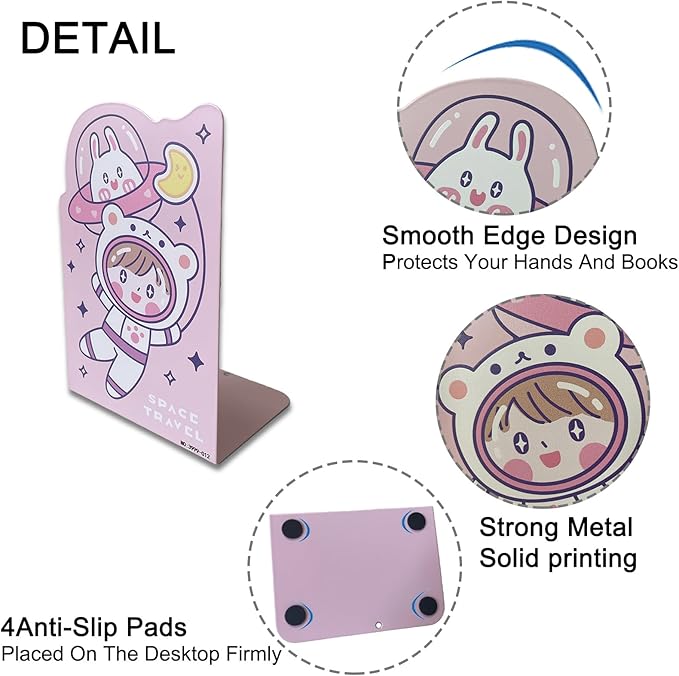 2 Pack Metal Bookends,Non-Slip Cartoon Girl Astronauts&Flying Saucer Book Stopper,5.3"x3.9"x8"Heavy Duty Premium Decorative Book End, Supports for Kids Children Shelves,School,Room,Learning Gift