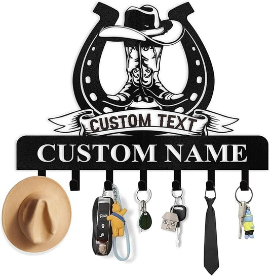 Personalized Cowboy Coat Hooks, Cowboy Boots Key Holder Wall Mount, Clothes Cowboy Hat Rack and Backpack Hanger, Western Wall Decor, Metal Key Rack Organizer for Living Room Hallway Color05