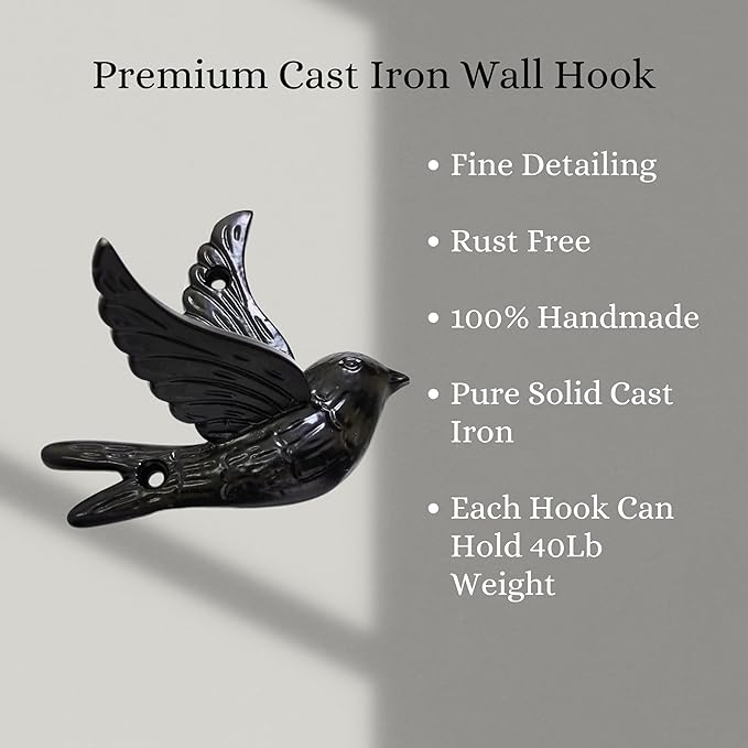 Set of 3 Cast Iron Bird Shape Coat Hooks Wall Art Decor-Bird Shape Hangers and Key Holder-Clothes Rack and Backpack Hanger-Coat Hooks Home Decor for Storage, Living Room, Hallway (Black)
